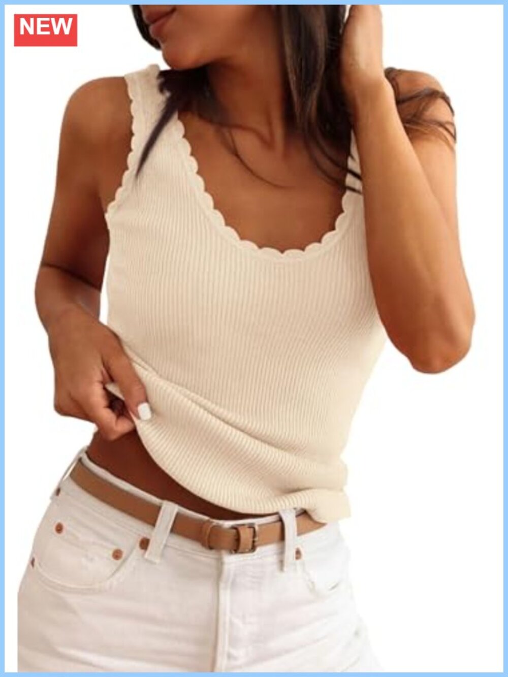 Ribbed Knit Sleeveless Tank Top for Women V-Neck Slim Fit Ruffle Cami